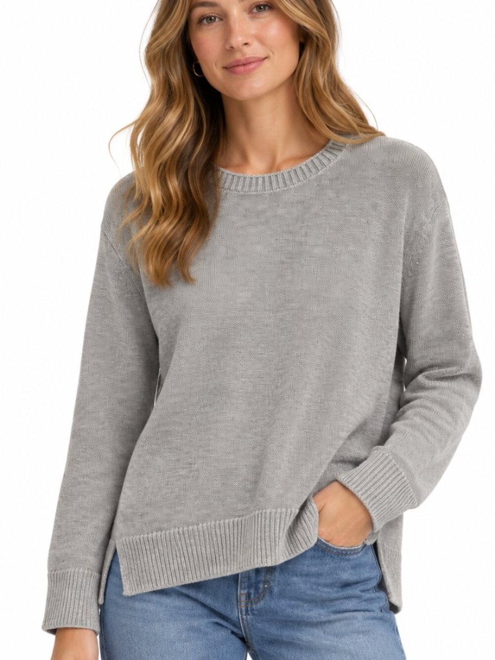 Ella Moss Gray Ribbed Trim Crewneck Sweater Medium